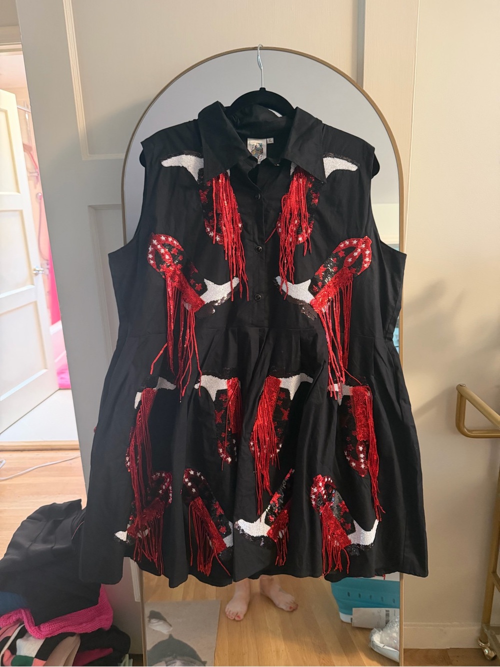 Black Sleeveless Dress with Red Sequin Cowboy Boots and Fringe